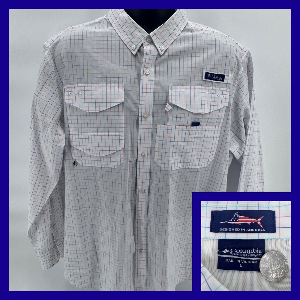 Columbia PFG Fishing Shirt Mens Large Plaid Long Sleeve Button Down‎